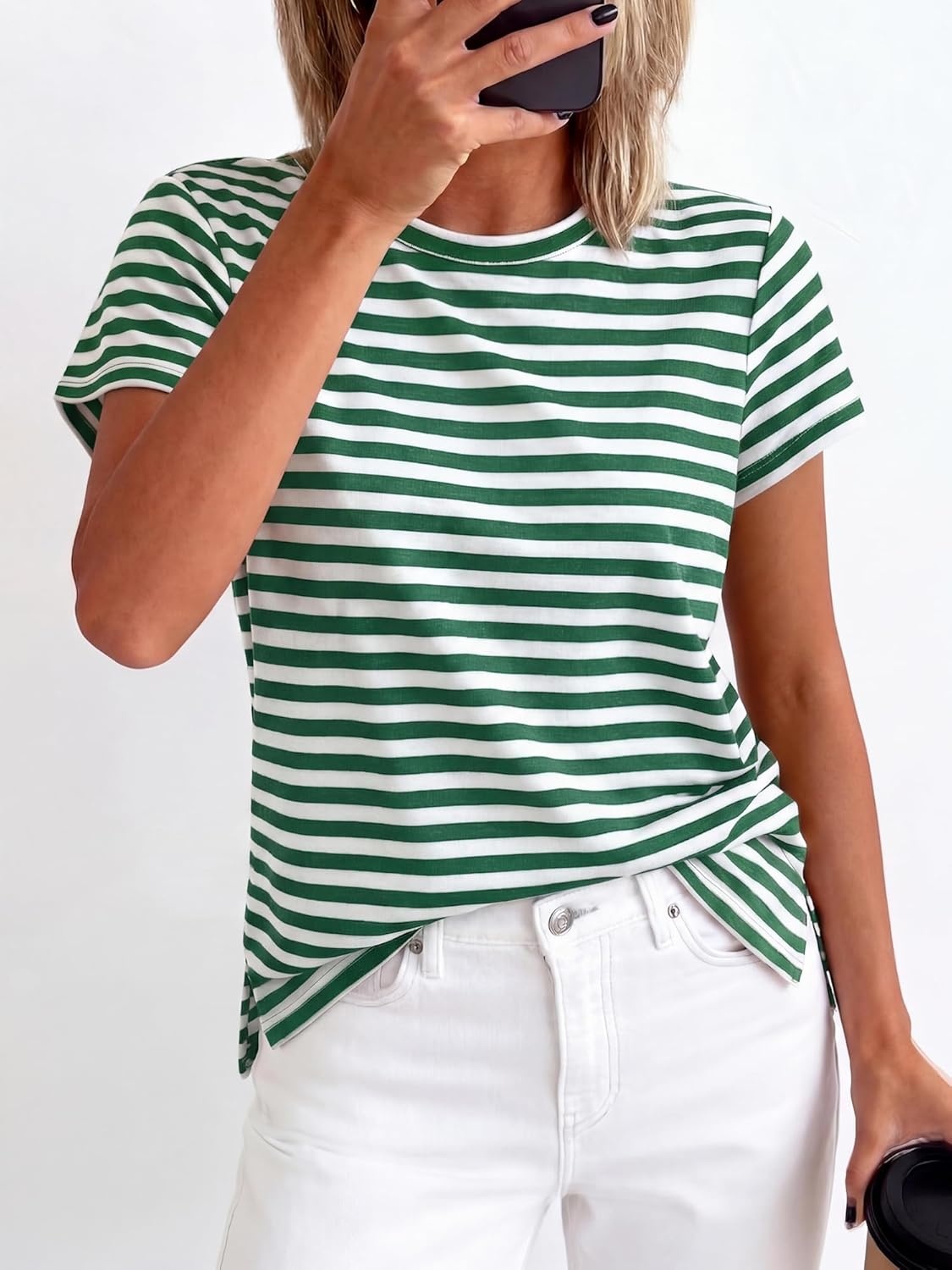 imageBTFBM Tops for Women Trendy Summer 2026 Crew Neck Short Sleeve T Shirts Striped Casual Vacation Blouse Basic TeeGreen White