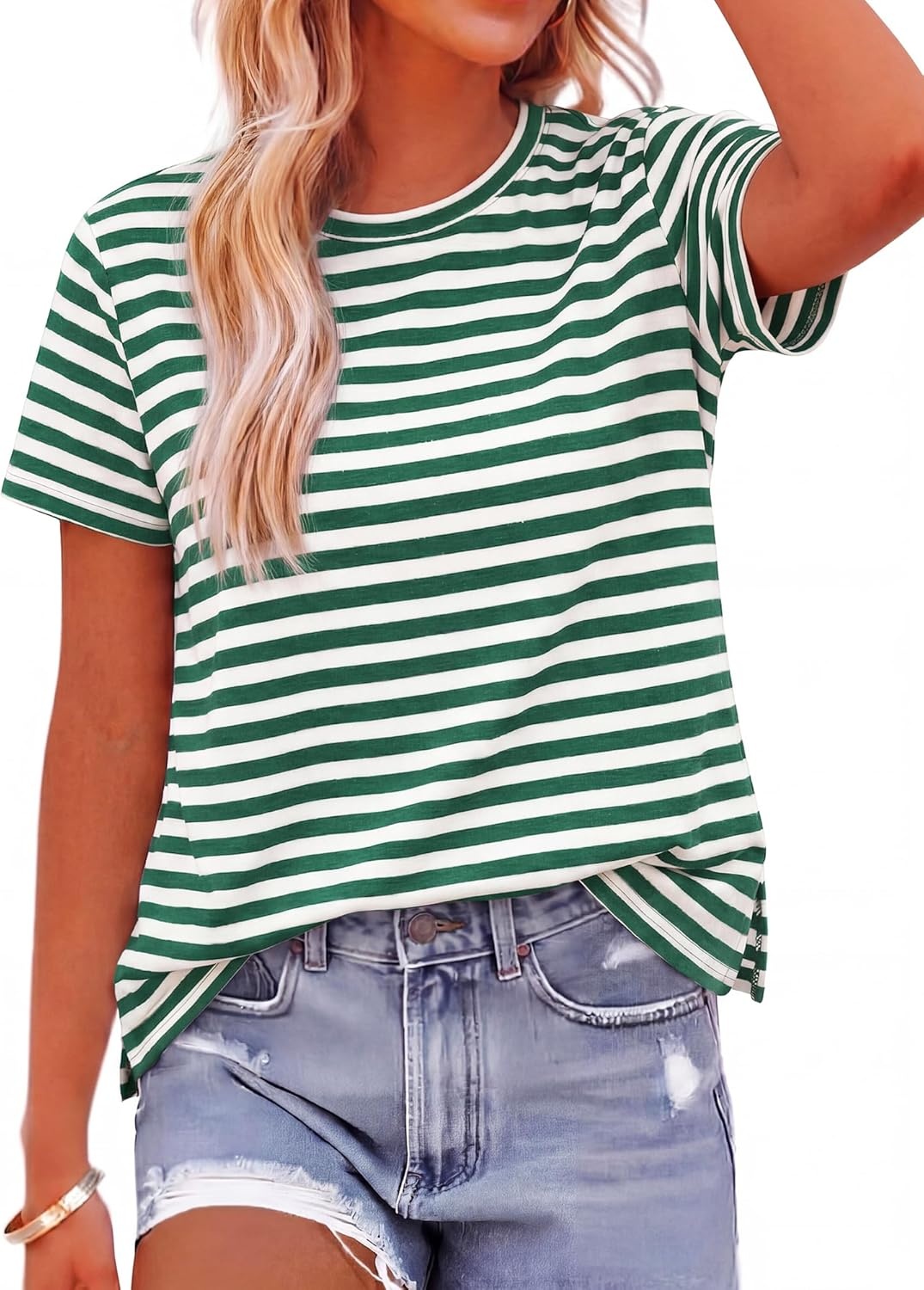 imageBTFBM Tops for Women Trendy Summer 2026 Crew Neck Short Sleeve T Shirts Striped Casual Vacation Blouse Basic TeeGreen White