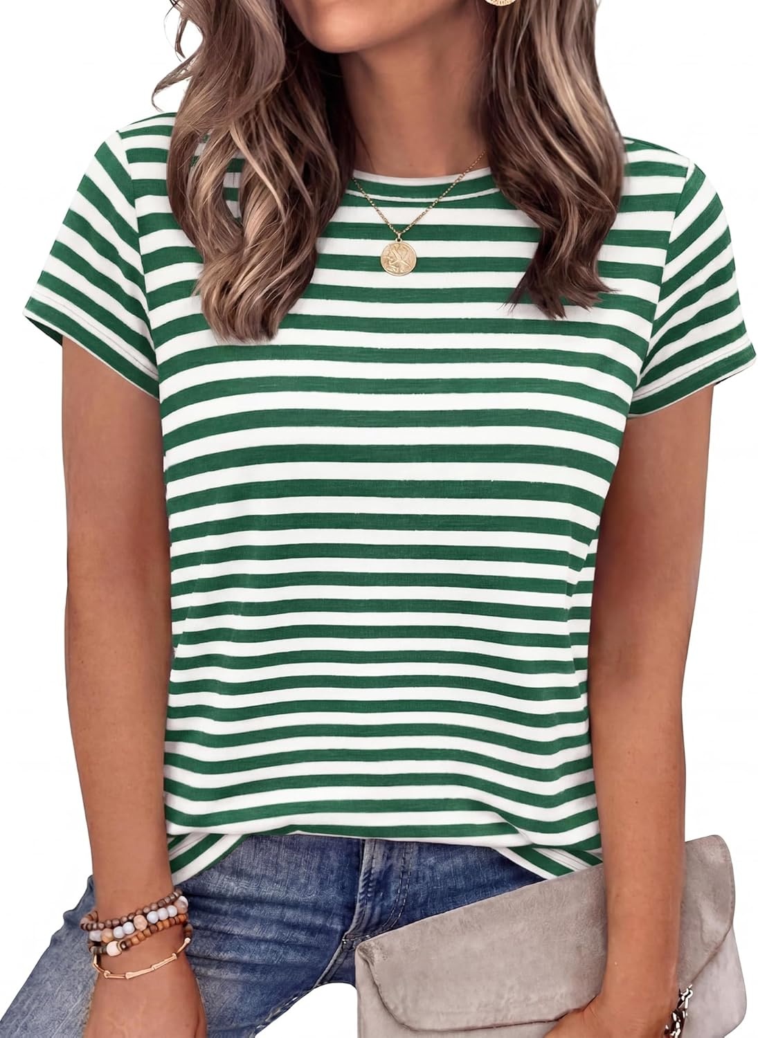 imageBTFBM Tops for Women Trendy Summer 2026 Crew Neck Short Sleeve T Shirts Striped Casual Vacation Blouse Basic TeeGreen White