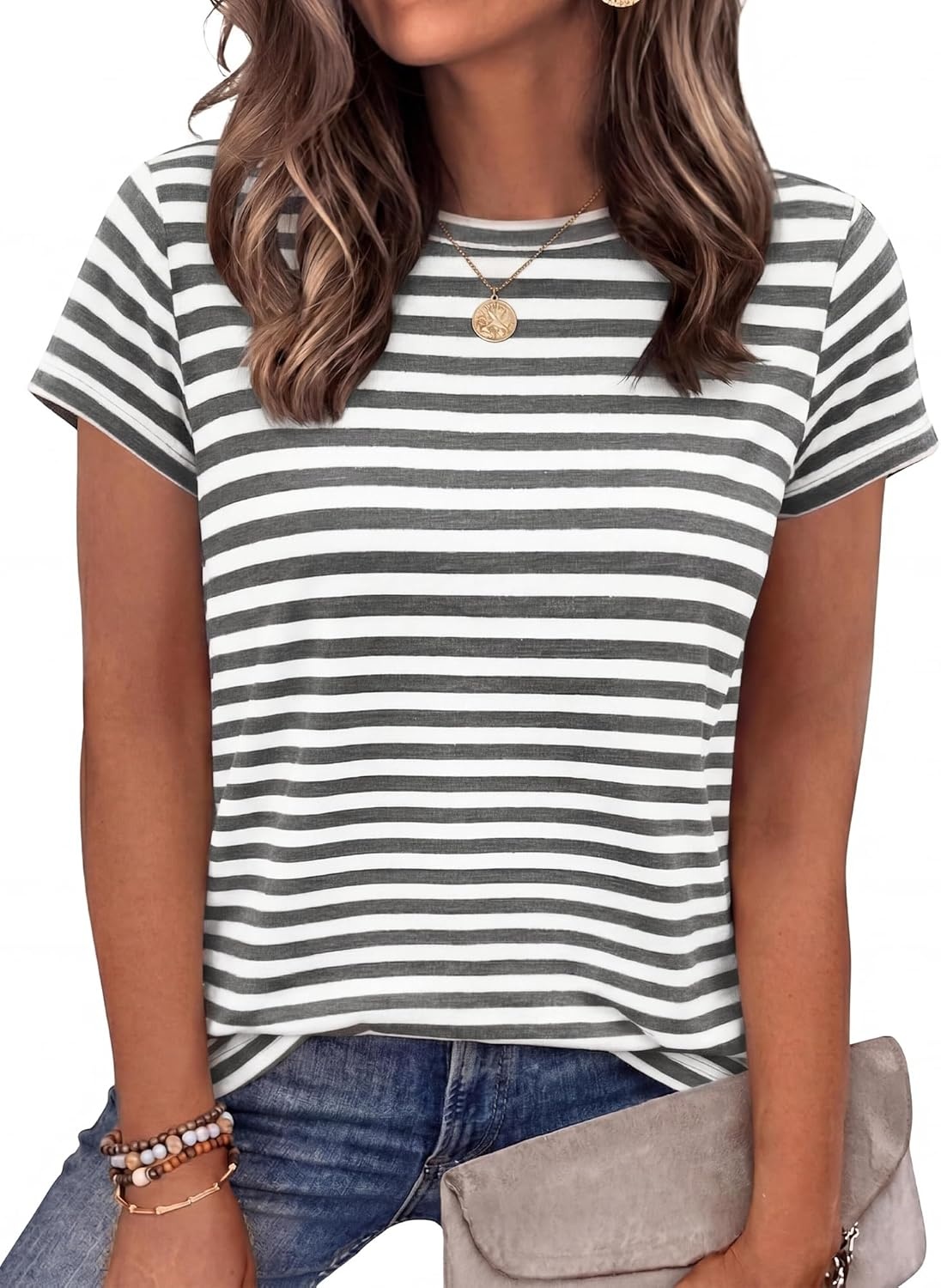 imageBTFBM Tops for Women Trendy Summer 2026 Crew Neck Short Sleeve T Shirts Striped Casual Vacation Blouse Basic TeeGrey White