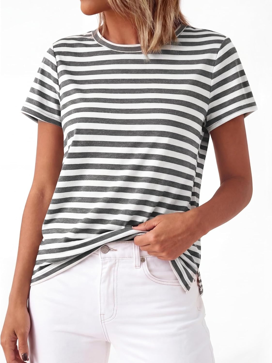 imageBTFBM Tops for Women Trendy Summer 2026 Crew Neck Short Sleeve T Shirts Striped Casual Vacation Blouse Basic TeeGrey White