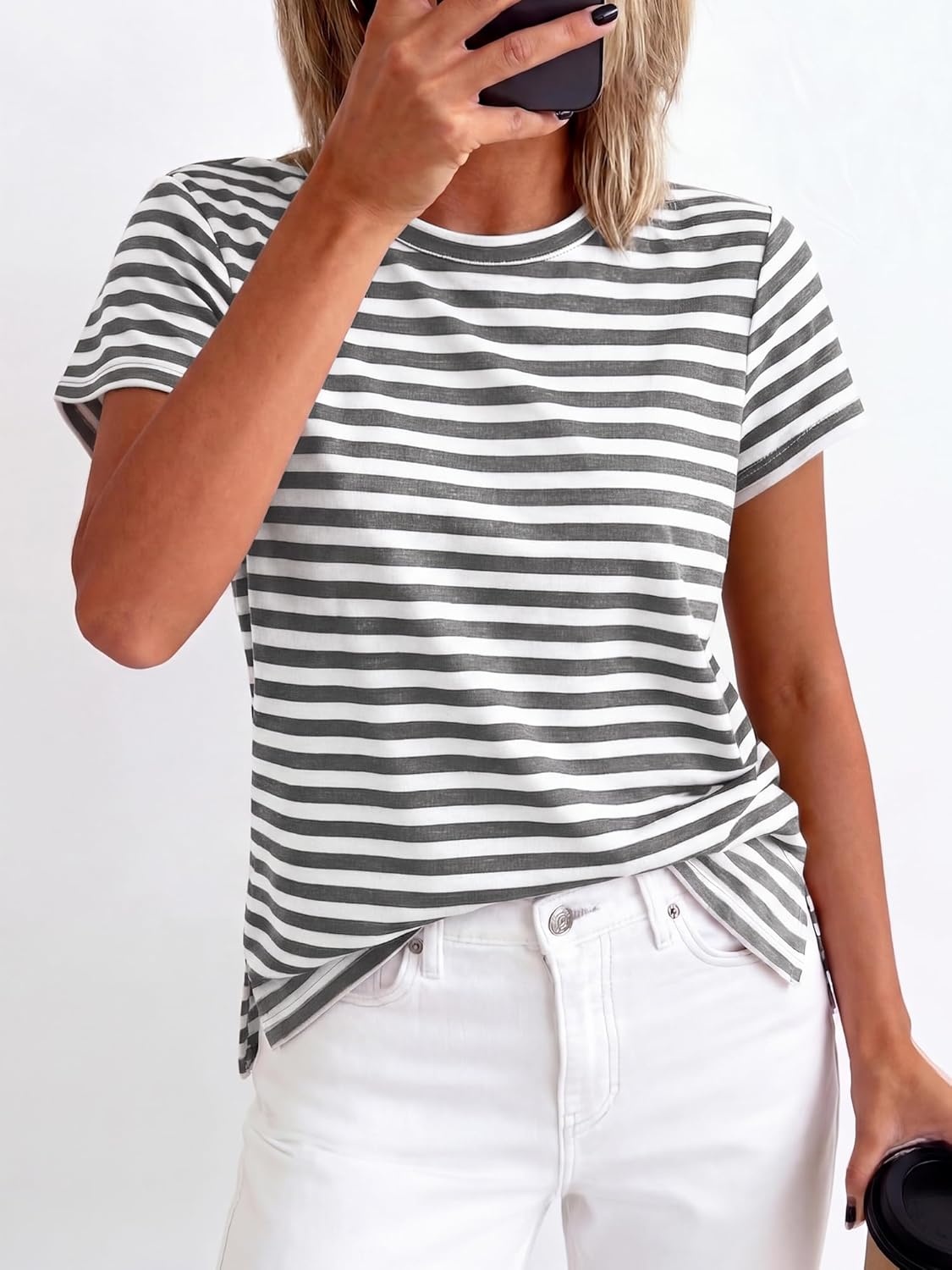 imageBTFBM Tops for Women Trendy Summer 2026 Crew Neck Short Sleeve T Shirts Striped Casual Vacation Blouse Basic TeeGrey White