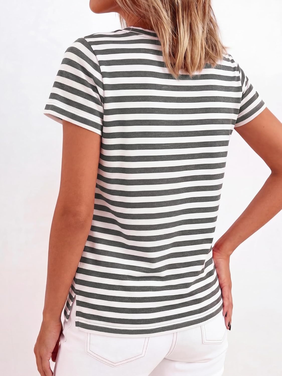 imageBTFBM Tops for Women Trendy Summer 2026 Crew Neck Short Sleeve T Shirts Striped Casual Vacation Blouse Basic TeeGrey White
