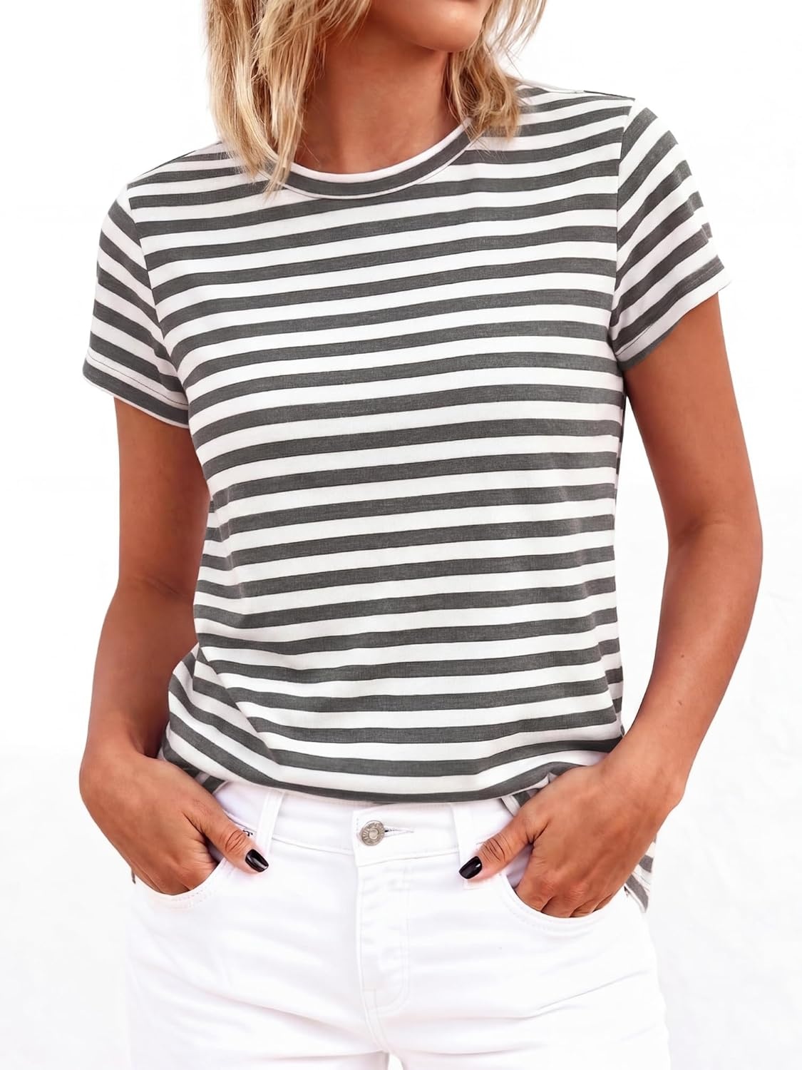 imageBTFBM Tops for Women Trendy Summer 2026 Crew Neck Short Sleeve T Shirts Striped Casual Vacation Blouse Basic TeeGrey White