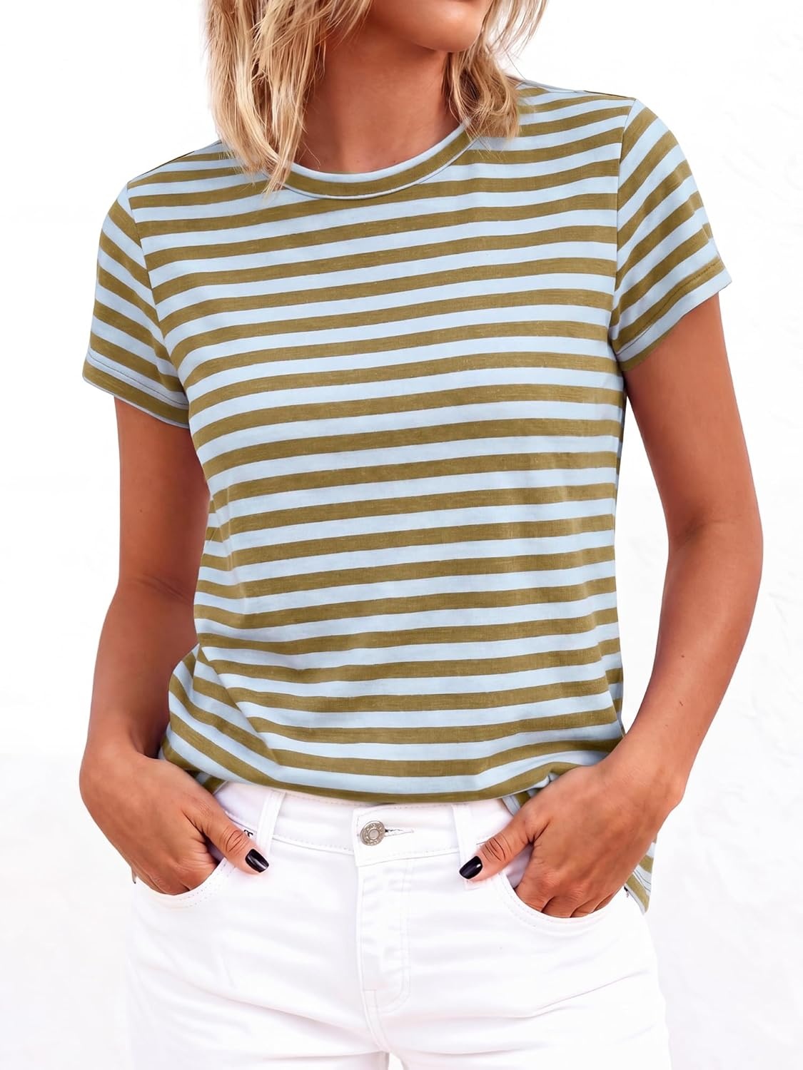 imageBTFBM Tops for Women Trendy Summer 2026 Crew Neck Short Sleeve T Shirts Striped Casual Vacation Blouse Basic TeeLight Blue Khaki