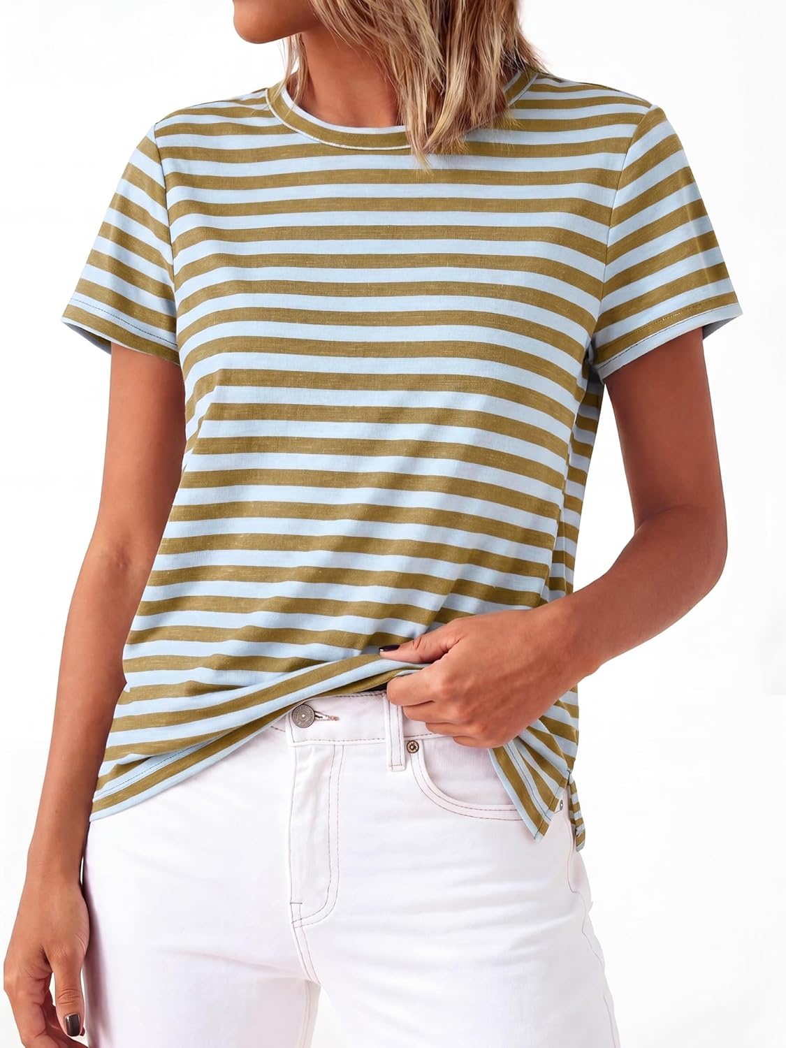 imageBTFBM Tops for Women Trendy Summer 2026 Crew Neck Short Sleeve T Shirts Striped Casual Vacation Blouse Basic TeeLight Blue Khaki