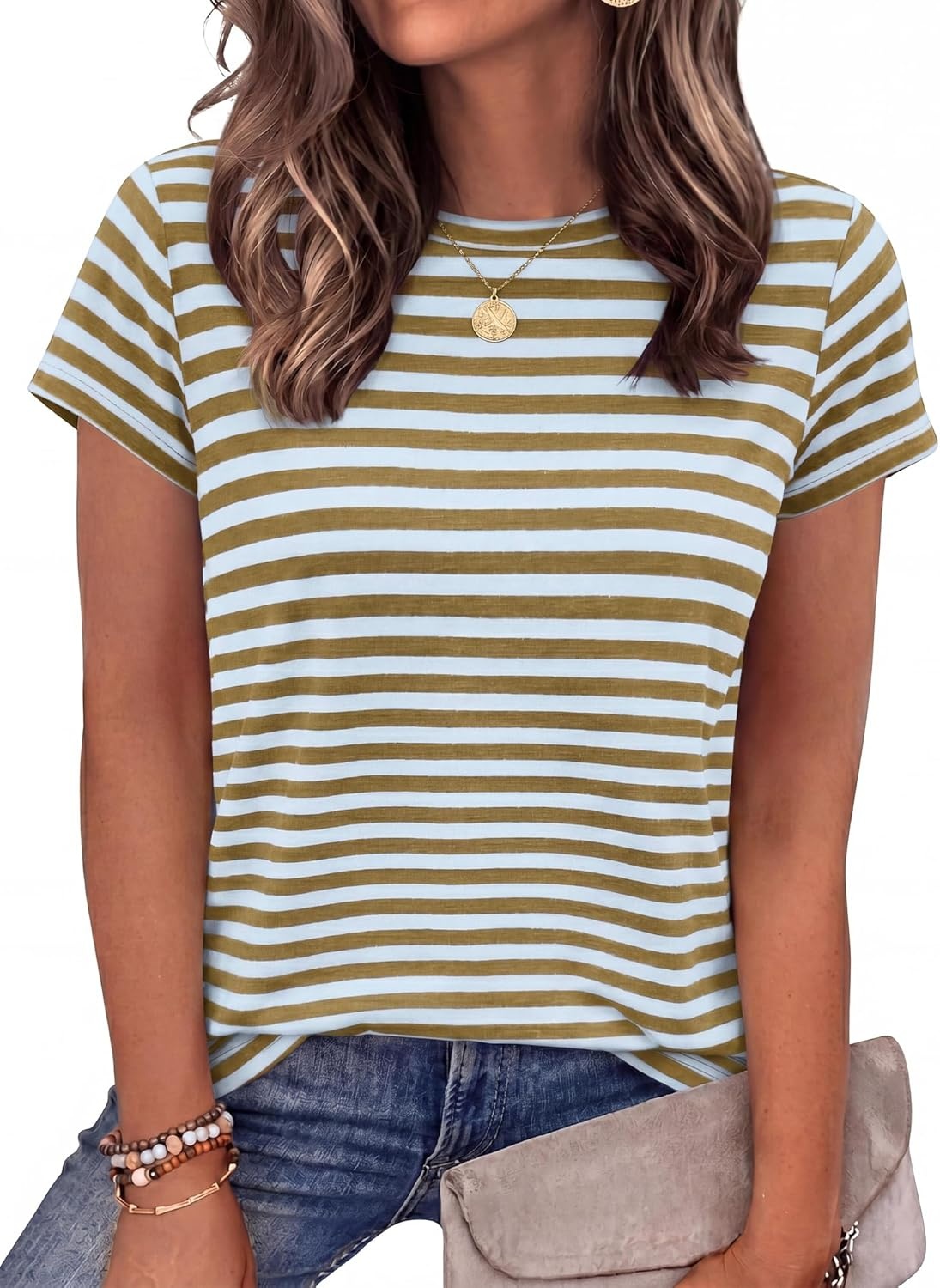 imageBTFBM Tops for Women Trendy Summer 2026 Crew Neck Short Sleeve T Shirts Striped Casual Vacation Blouse Basic TeeLight Blue Khaki