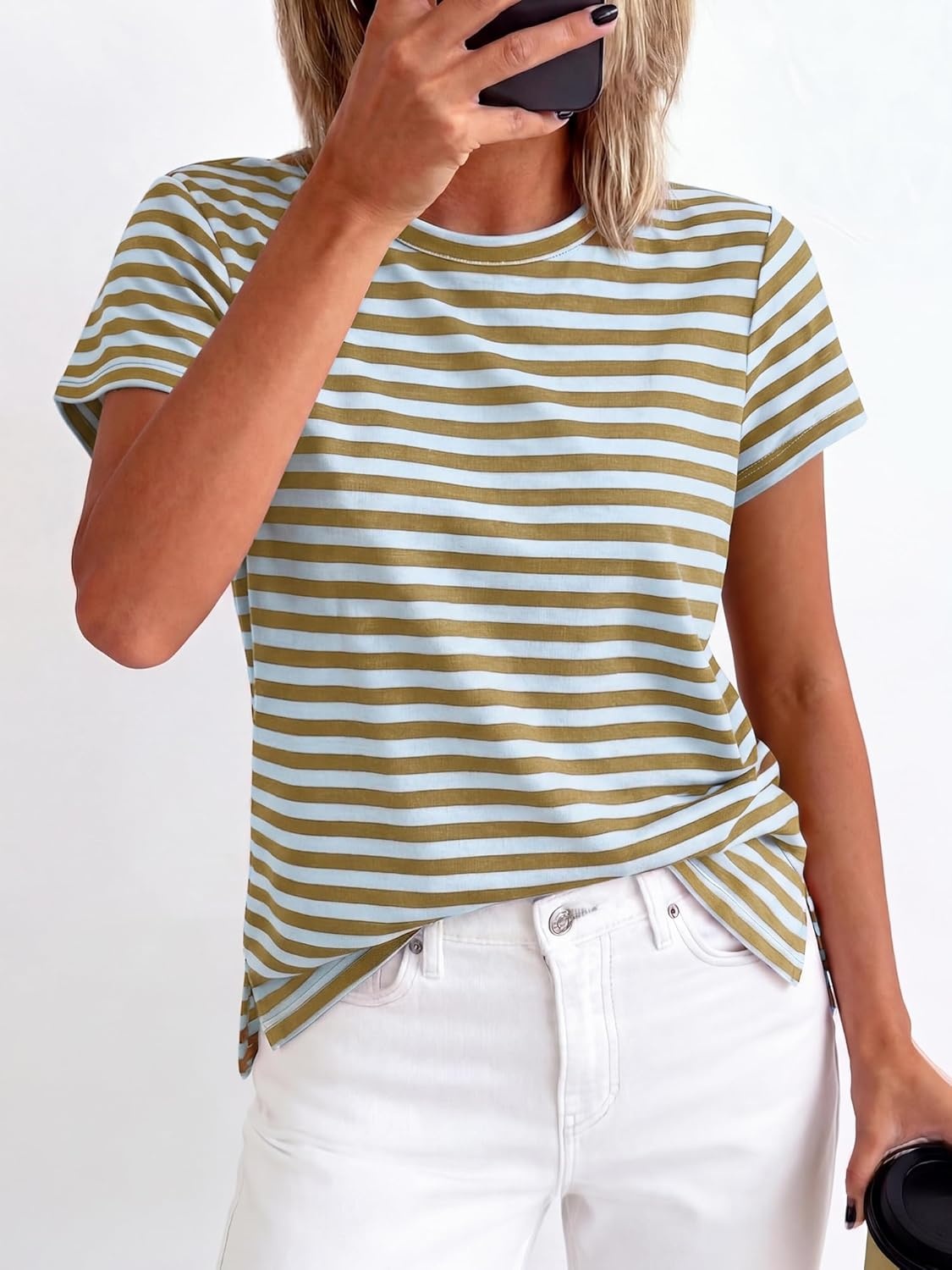 imageBTFBM Tops for Women Trendy Summer 2026 Crew Neck Short Sleeve T Shirts Striped Casual Vacation Blouse Basic TeeLight Blue Khaki