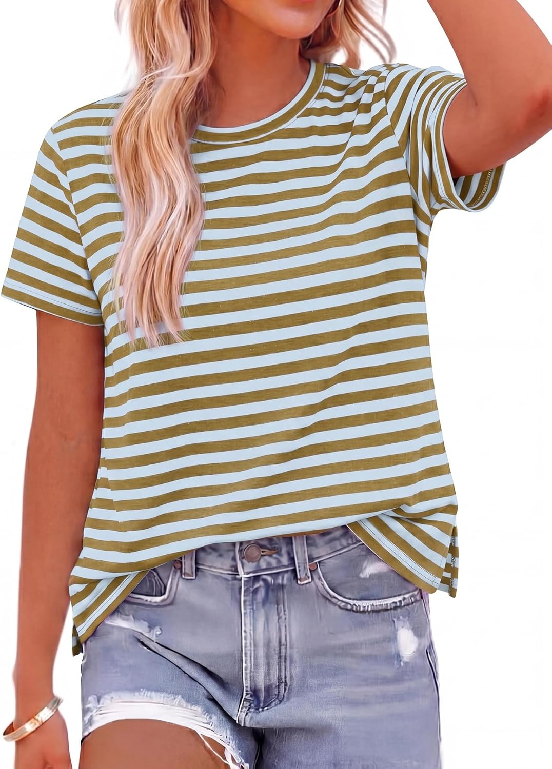 imageBTFBM Tops for Women Trendy Summer 2026 Crew Neck Short Sleeve T Shirts Striped Casual Vacation Blouse Basic TeeLight Blue Khaki