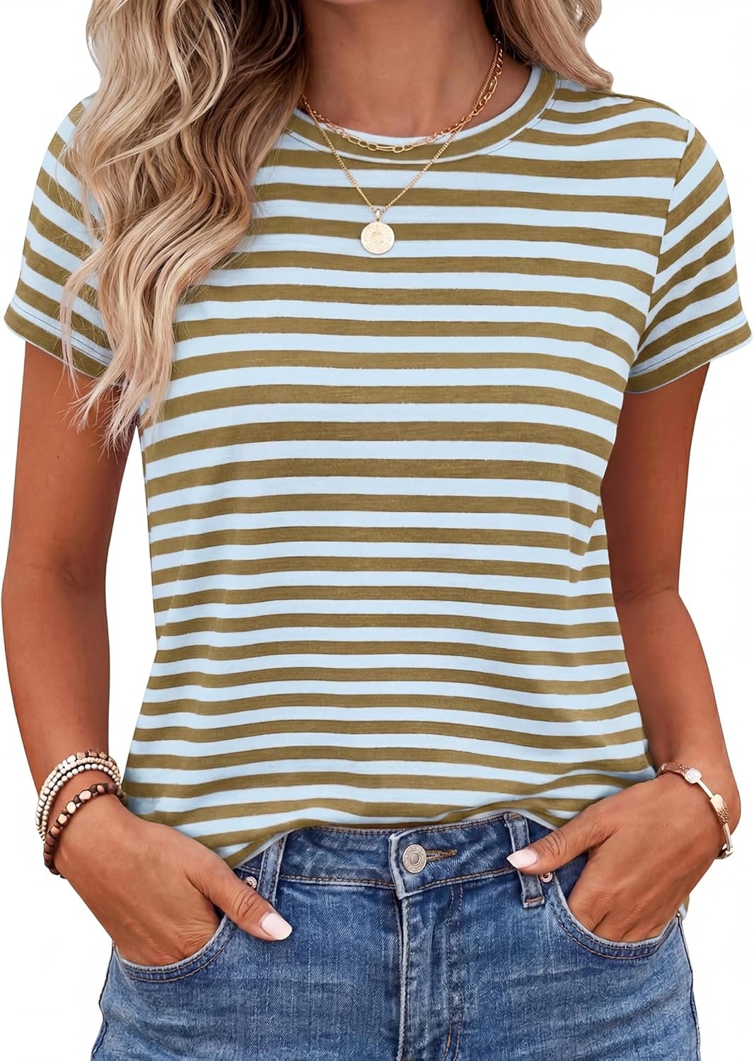 imageBTFBM Tops for Women Trendy Summer 2026 Crew Neck Short Sleeve T Shirts Striped Casual Vacation Blouse Basic TeeLight Blue Khaki