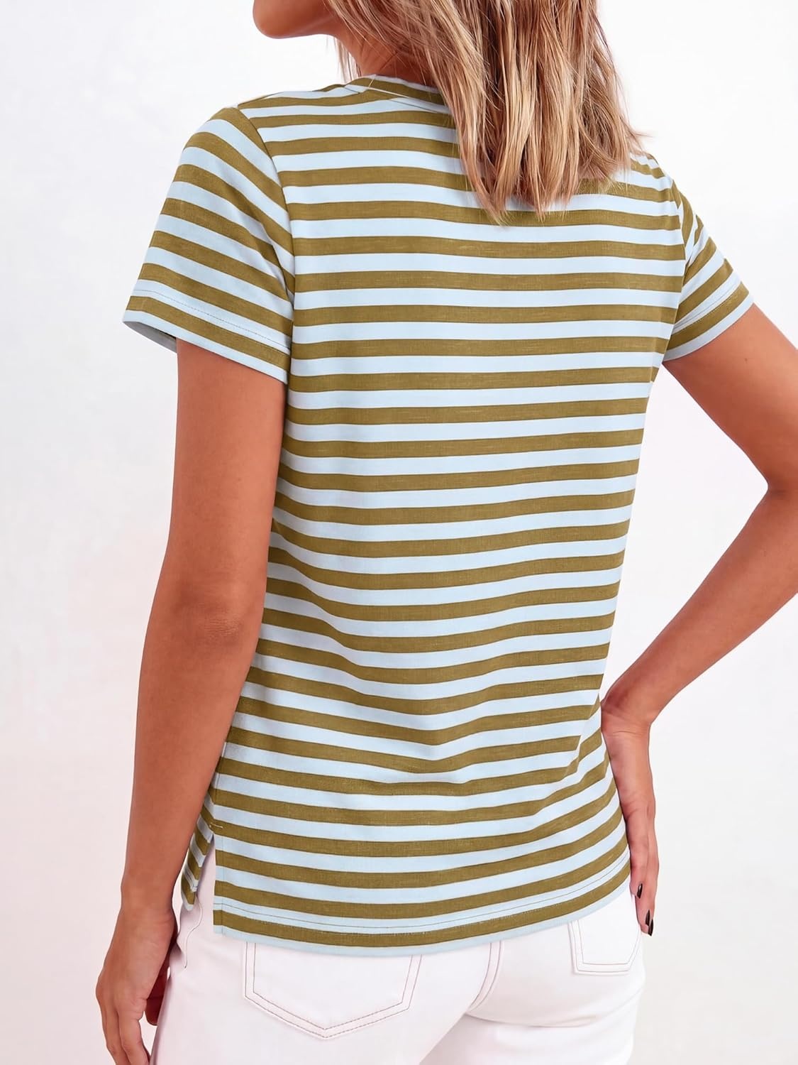 imageBTFBM Tops for Women Trendy Summer 2026 Crew Neck Short Sleeve T Shirts Striped Casual Vacation Blouse Basic TeeLight Blue Khaki
