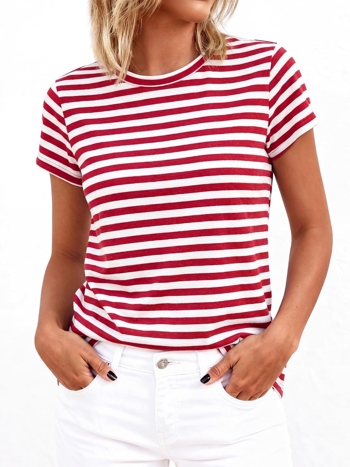 imageBTFBM Tops for Women Trendy Summer 2026 Crew Neck Short Sleeve T Shirts Striped Casual Vacation Blouse Basic TeeRed White