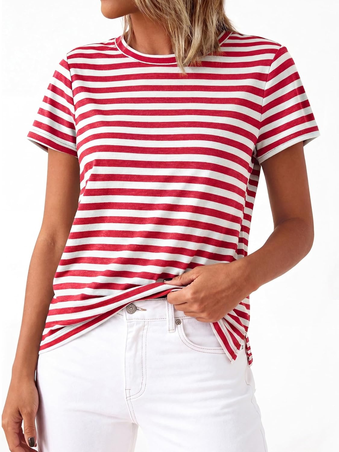 imageBTFBM Tops for Women Trendy Summer 2026 Crew Neck Short Sleeve T Shirts Striped Casual Vacation Blouse Basic TeeRed White