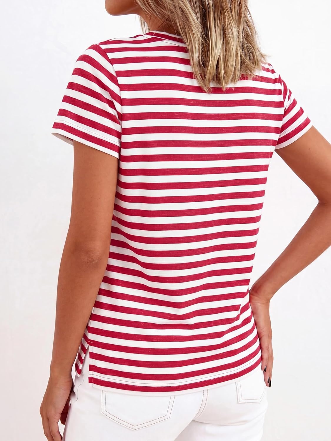 imageBTFBM Tops for Women Trendy Summer 2026 Crew Neck Short Sleeve T Shirts Striped Casual Vacation Blouse Basic TeeRed White