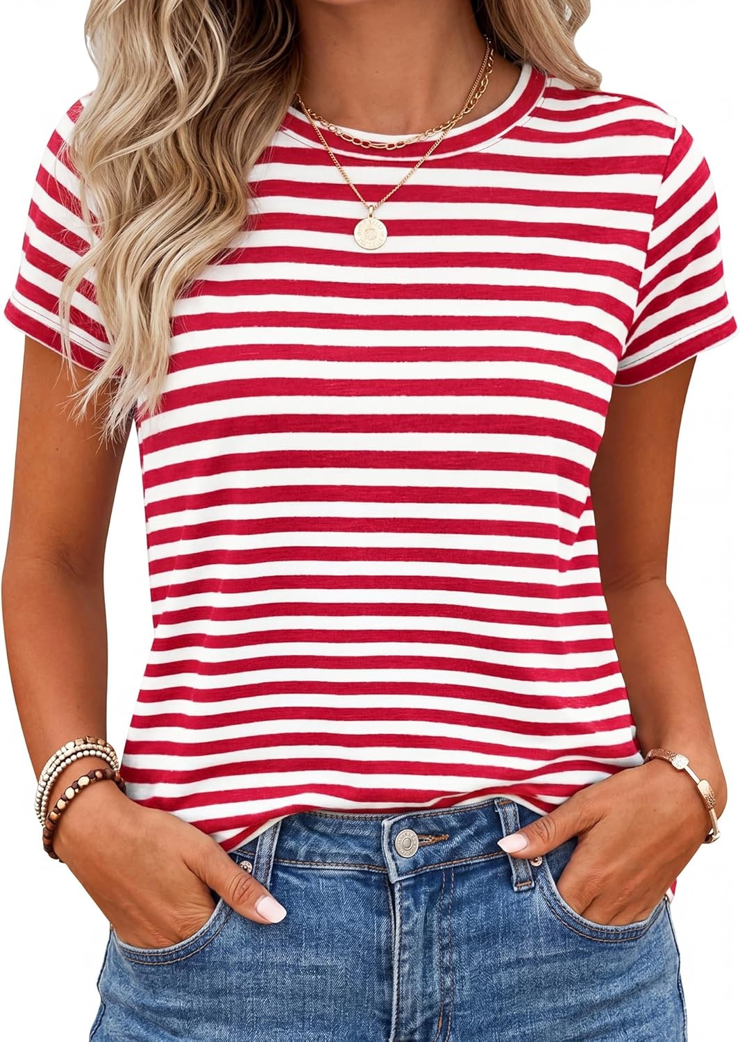 imageBTFBM Tops for Women Trendy Summer 2026 Crew Neck Short Sleeve T Shirts Striped Casual Vacation Blouse Basic TeeRed White