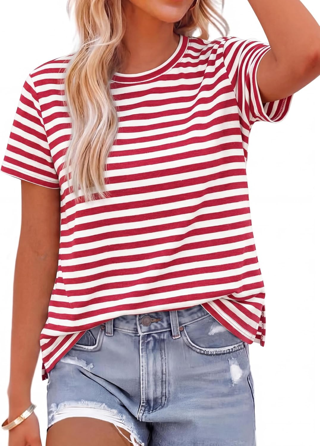 imageBTFBM Tops for Women Trendy Summer 2026 Crew Neck Short Sleeve T Shirts Striped Casual Vacation Blouse Basic TeeRed White