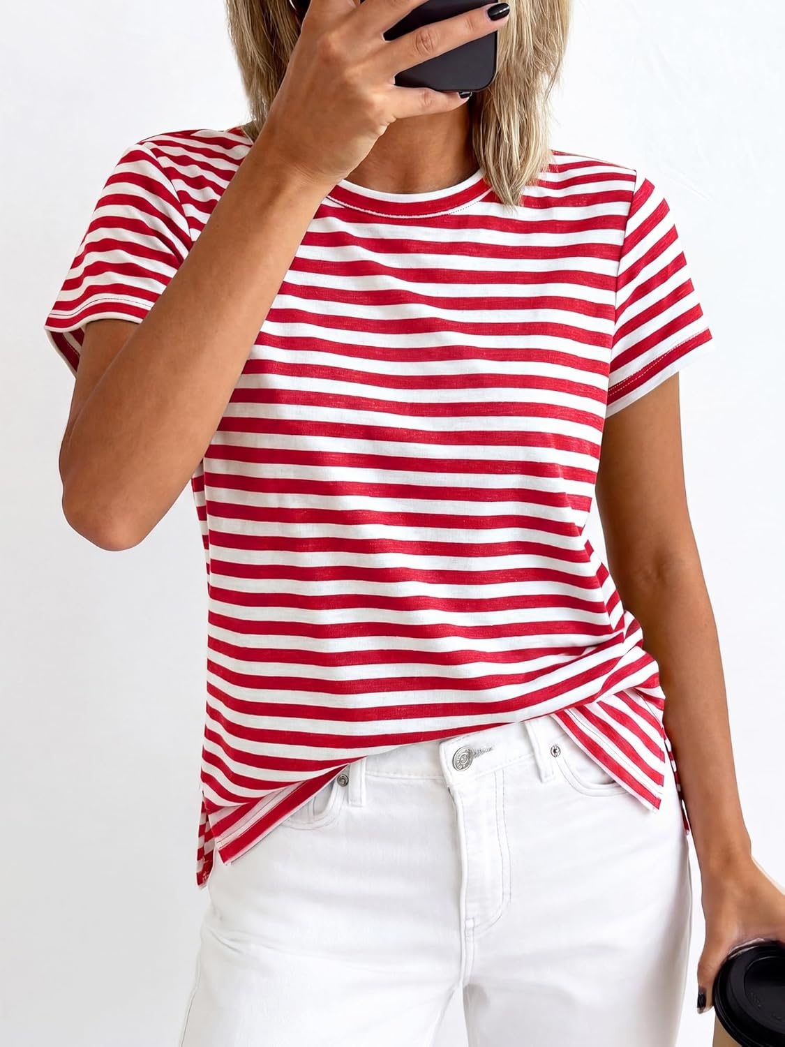 imageBTFBM Tops for Women Trendy Summer 2026 Crew Neck Short Sleeve T Shirts Striped Casual Vacation Blouse Basic TeeRed White