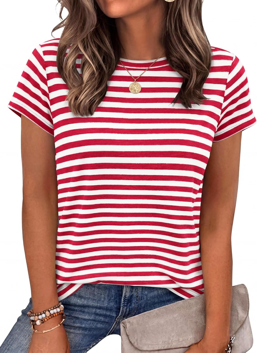 imageBTFBM Tops for Women Trendy Summer 2026 Crew Neck Short Sleeve T Shirts Striped Casual Vacation Blouse Basic TeeRed White