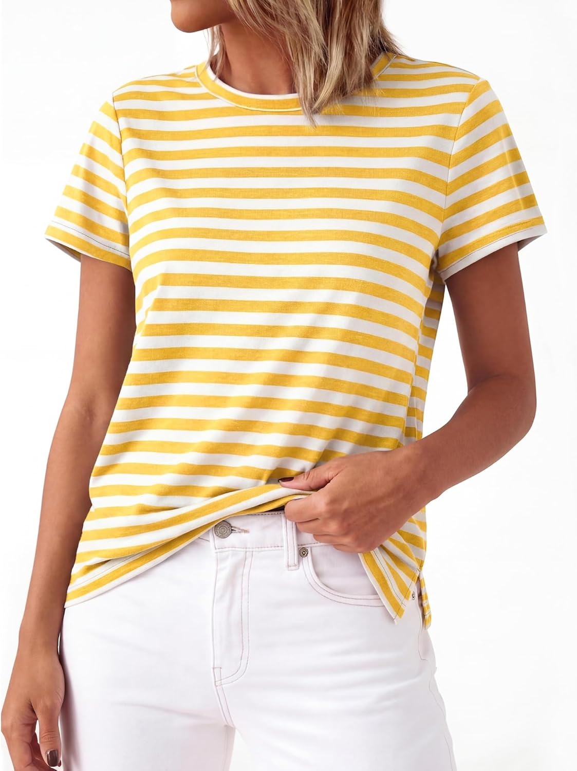 imageBTFBM Tops for Women Trendy Summer 2026 Crew Neck Short Sleeve T Shirts Striped Casual Vacation Blouse Basic TeeYellow White