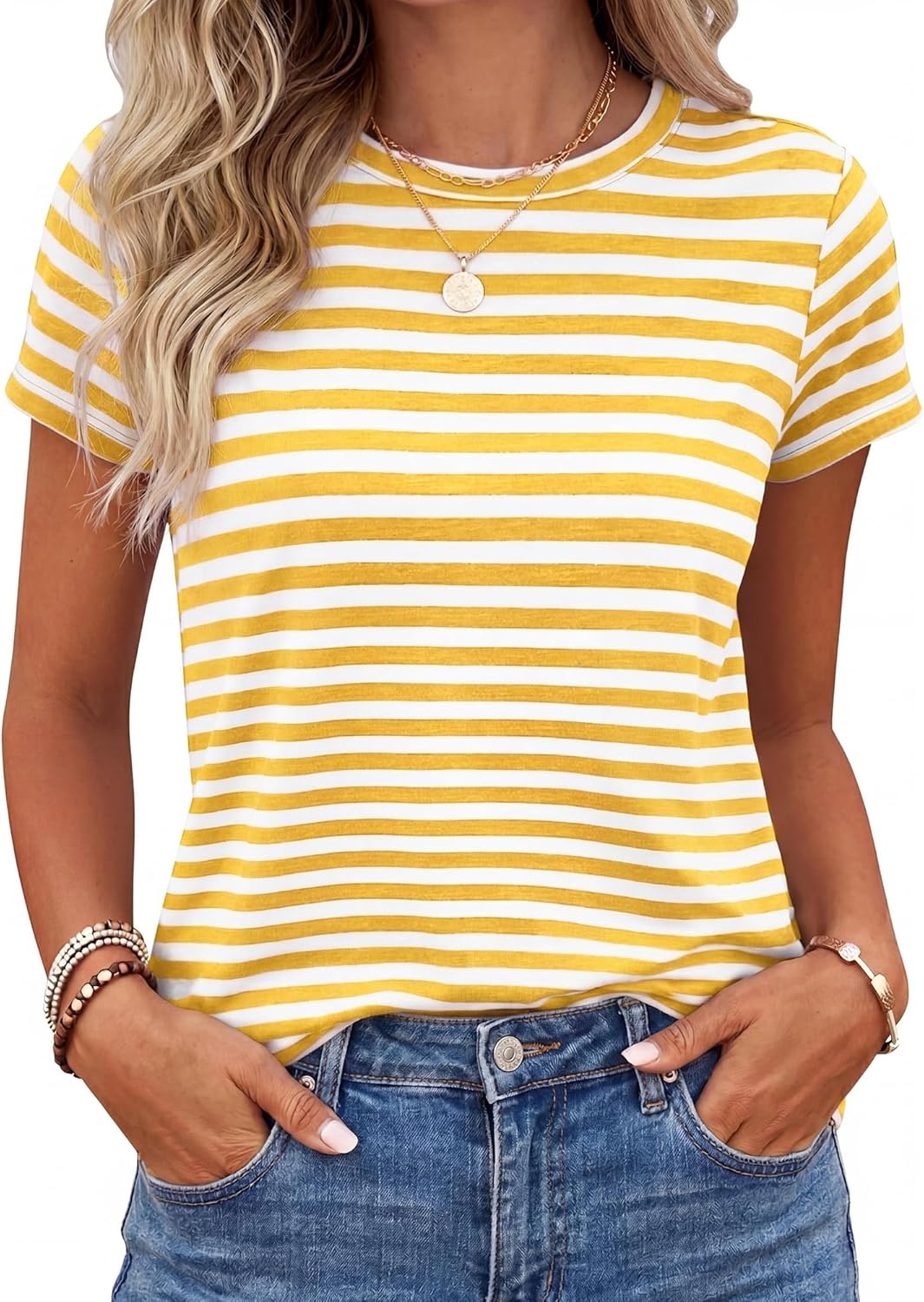 imageBTFBM Tops for Women Trendy Summer 2026 Crew Neck Short Sleeve T Shirts Striped Casual Vacation Blouse Basic TeeYellow White