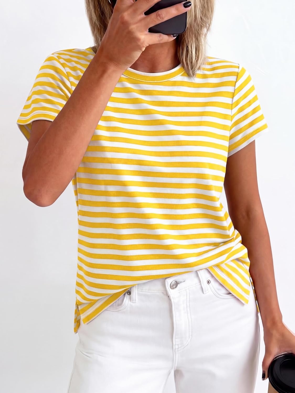 imageBTFBM Tops for Women Trendy Summer 2026 Crew Neck Short Sleeve T Shirts Striped Casual Vacation Blouse Basic TeeYellow White