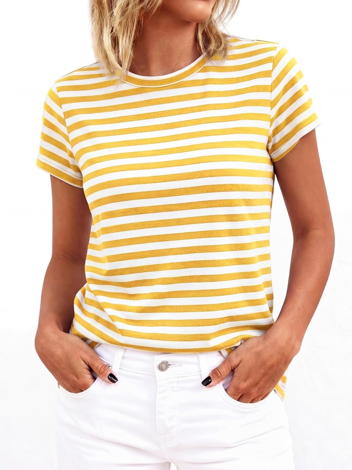 imageBTFBM Tops for Women Trendy Summer 2026 Crew Neck Short Sleeve T Shirts Striped Casual Vacation Blouse Basic TeeYellow White
