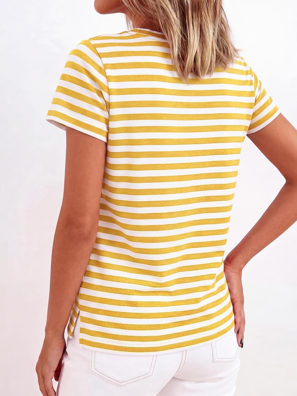 imageBTFBM Tops for Women Trendy Summer 2026 Crew Neck Short Sleeve T Shirts Striped Casual Vacation Blouse Basic TeeYellow White
