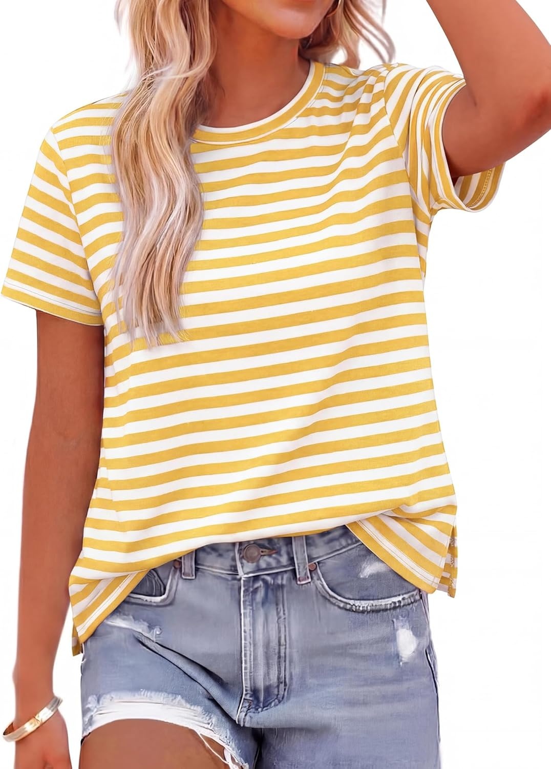imageBTFBM Tops for Women Trendy Summer 2026 Crew Neck Short Sleeve T Shirts Striped Casual Vacation Blouse Basic TeeYellow White