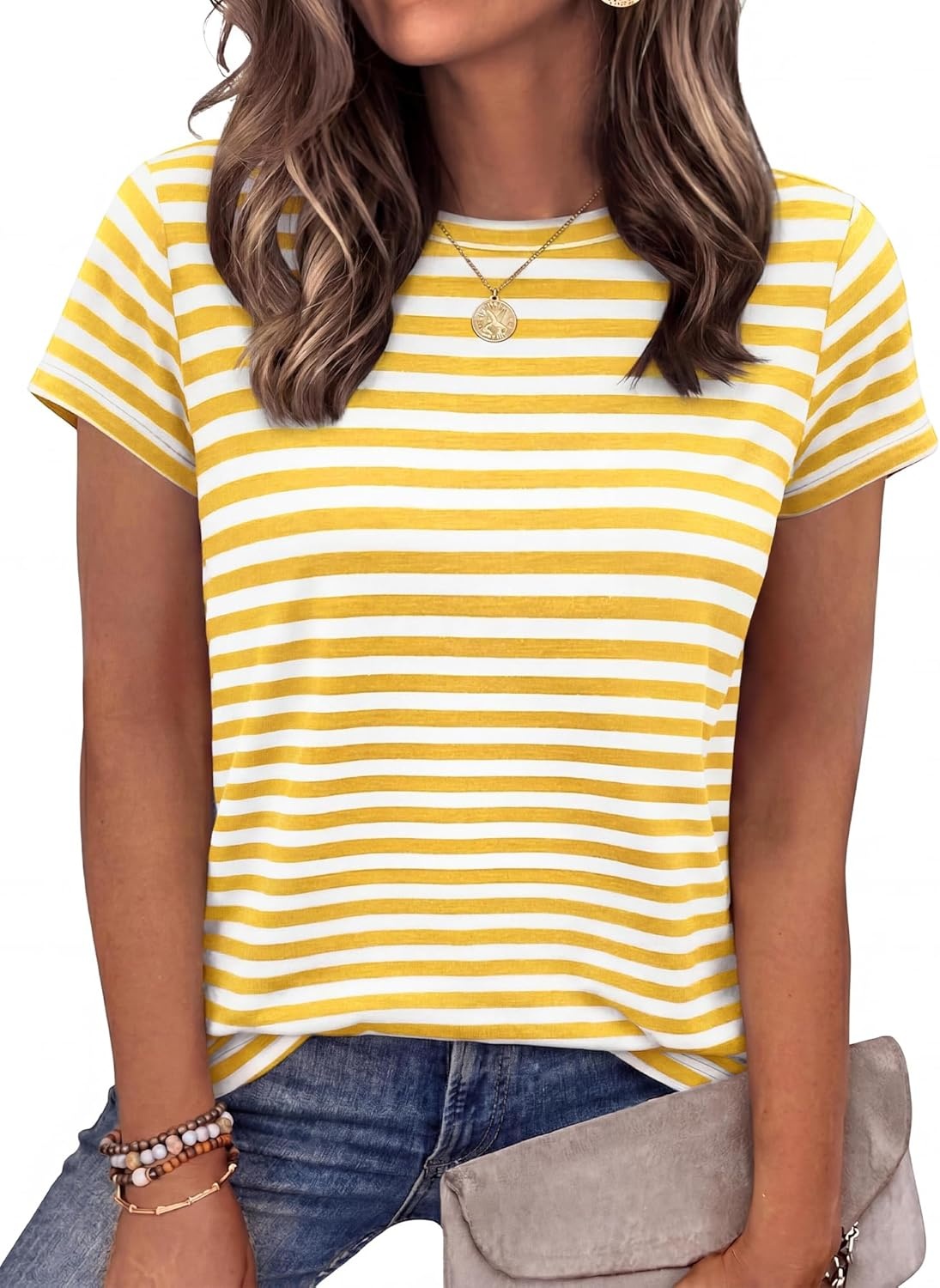 imageBTFBM Tops for Women Trendy Summer 2026 Crew Neck Short Sleeve T Shirts Striped Casual Vacation Blouse Basic TeeYellow White