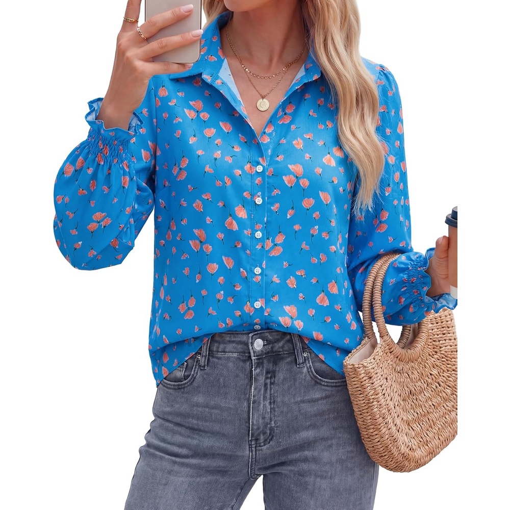 imageBTFBM Button Down Shirts for Women Floral Long Sleeve V Neck Lightweight Blouses Summer Business Casual Work Tops 2026Floral Blue Orange