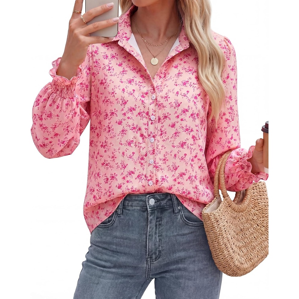 imageBTFBM Button Down Shirts for Women Floral Long Sleeve V Neck Lightweight Blouses Summer Business Casual Work Tops 2026Floral Pink Rose Red