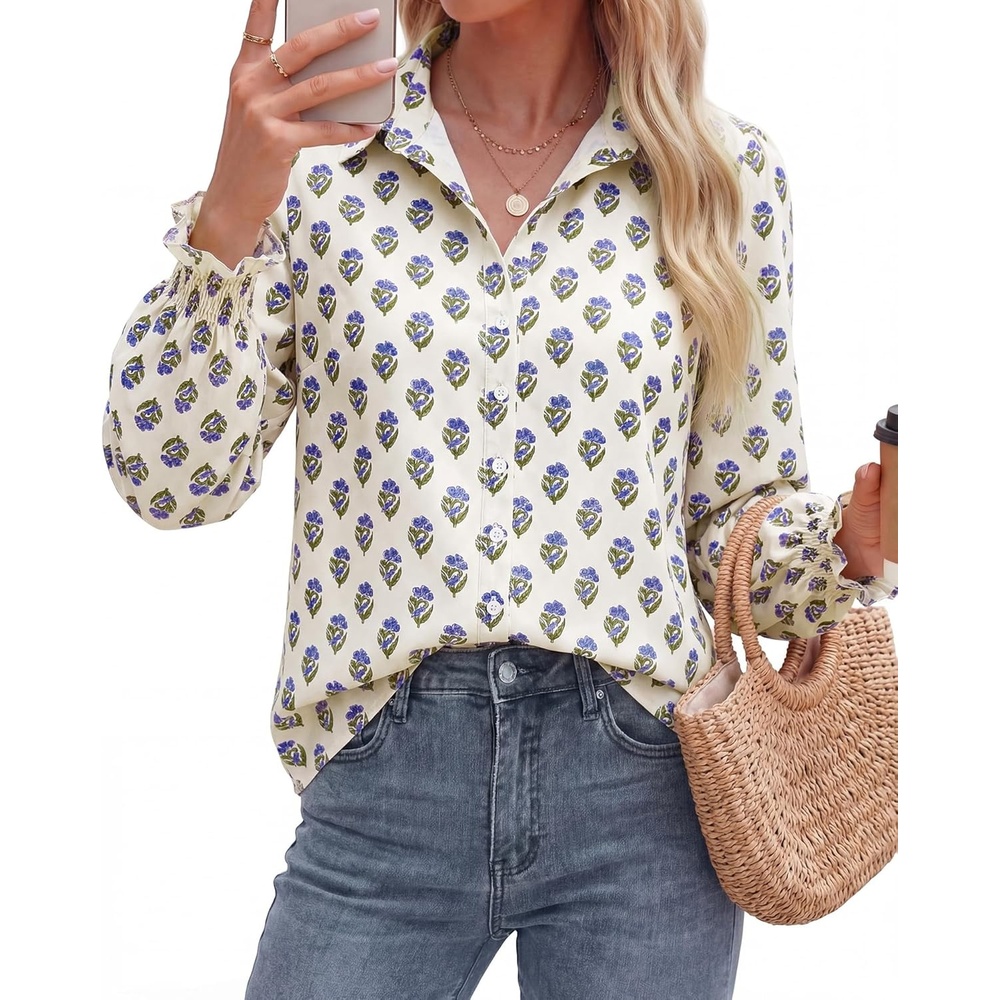 imageBTFBM Button Down Shirts for Women Floral Long Sleeve V Neck Lightweight Blouses Summer Business Casual Work Tops 2026Floral White Blue