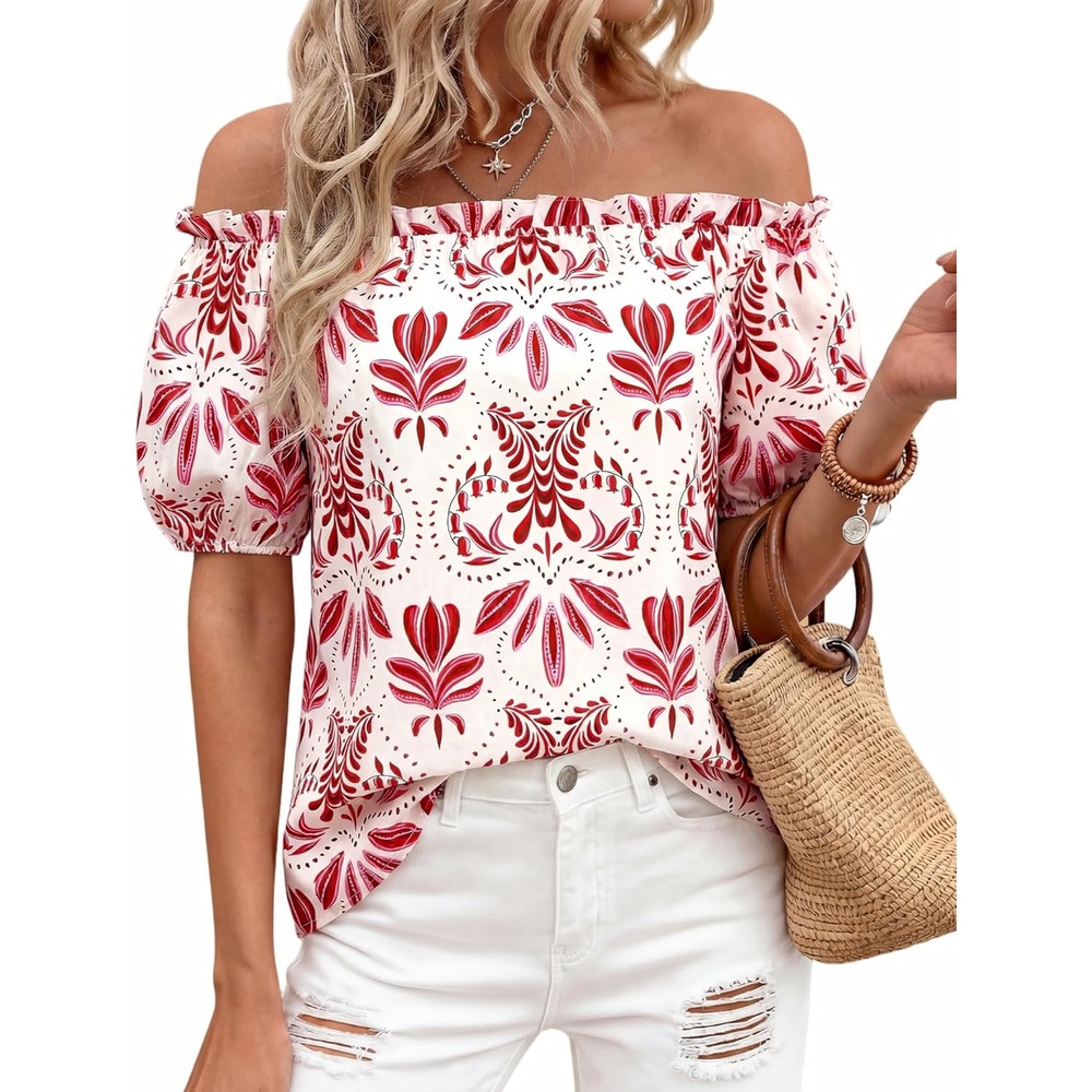 imageBTFBM Off The Shoulder Boho Tops for Women 2026 Summer Spring Short Sleeve Floral Loose Resort Beach Vacation ClothesFloral White Red