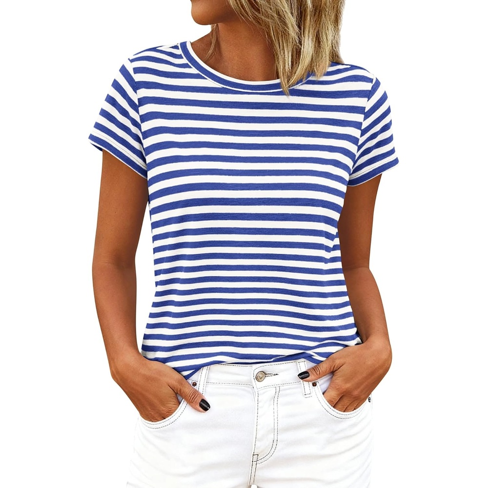 imageBTFBM Tops for Women Trendy Summer 2026 Crew Neck Short Sleeve T Shirts Striped Casual Vacation Blouse Basic TeeBlue White