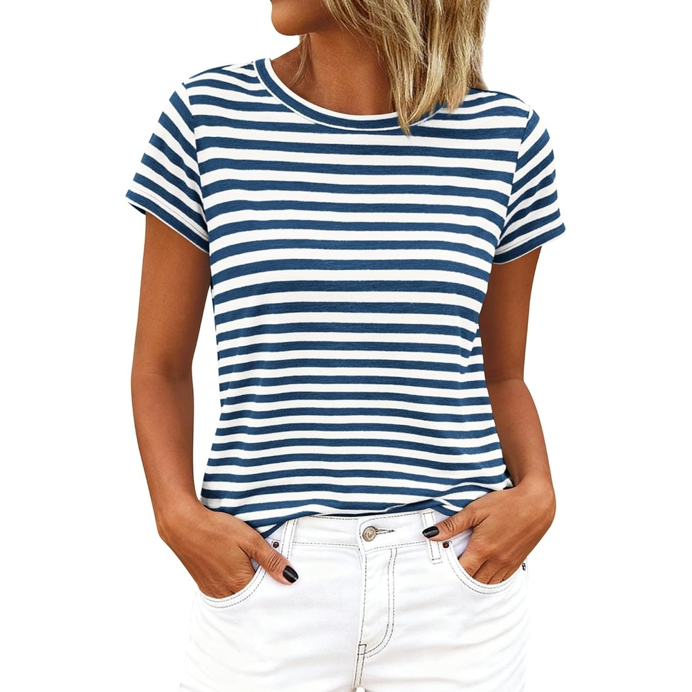 imageBTFBM Tops for Women Trendy Summer 2026 Crew Neck Short Sleeve T Shirts Striped Casual Vacation Blouse Basic TeeDark Blue White