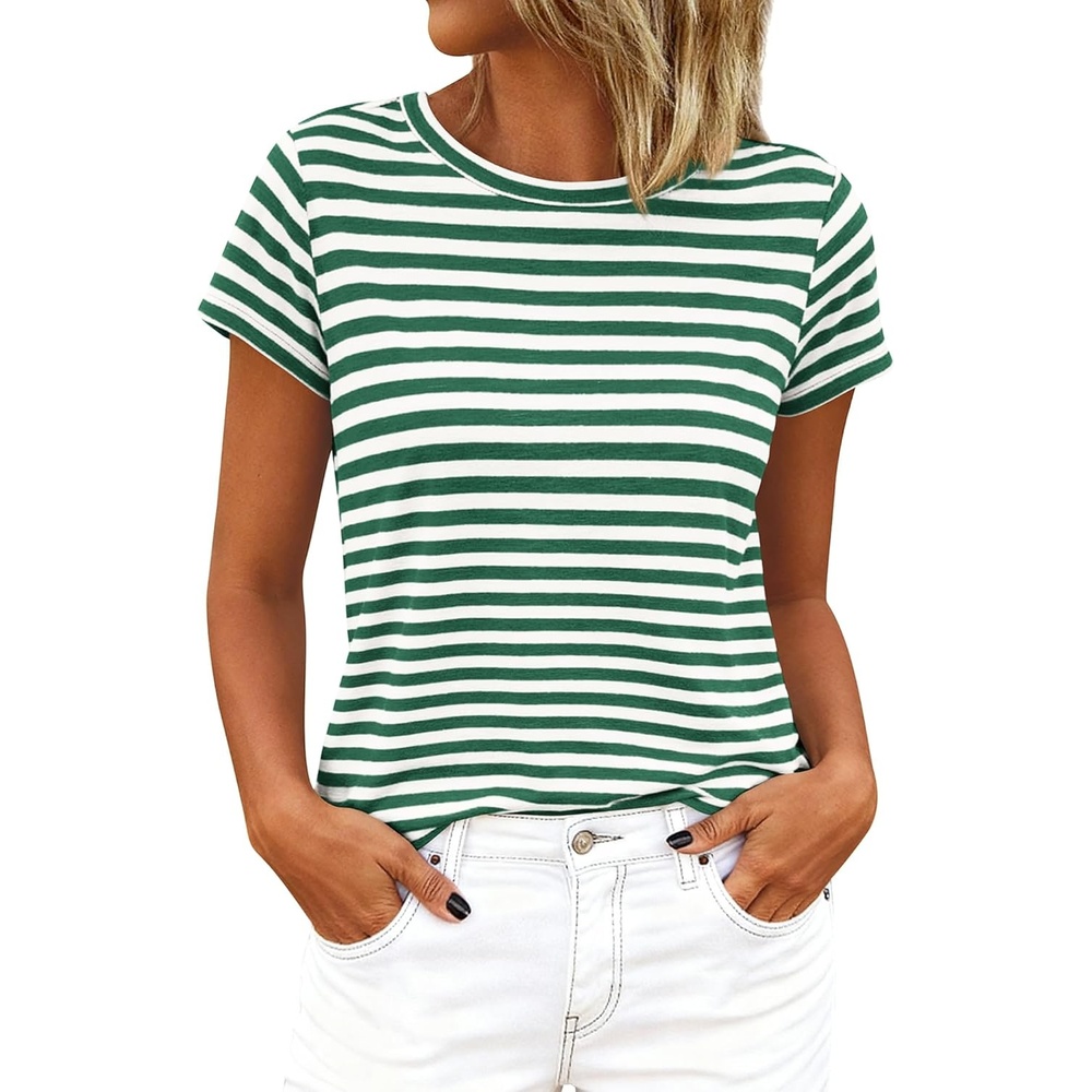 imageBTFBM Tops for Women Trendy Summer 2026 Crew Neck Short Sleeve T Shirts Striped Casual Vacation Blouse Basic TeeGreen White