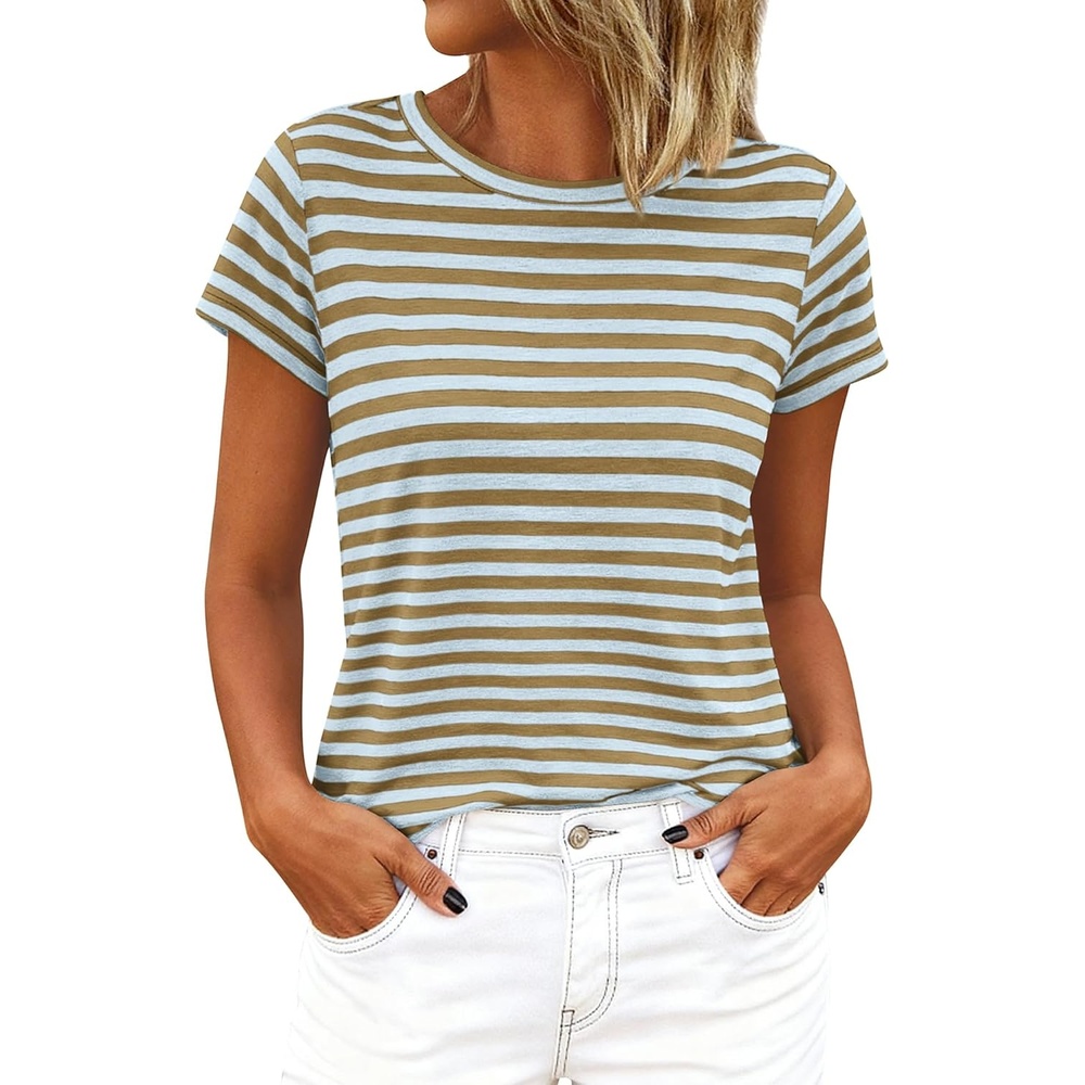 imageBTFBM Tops for Women Trendy Summer 2026 Crew Neck Short Sleeve T Shirts Striped Casual Vacation Blouse Basic TeeLight Blue Khaki