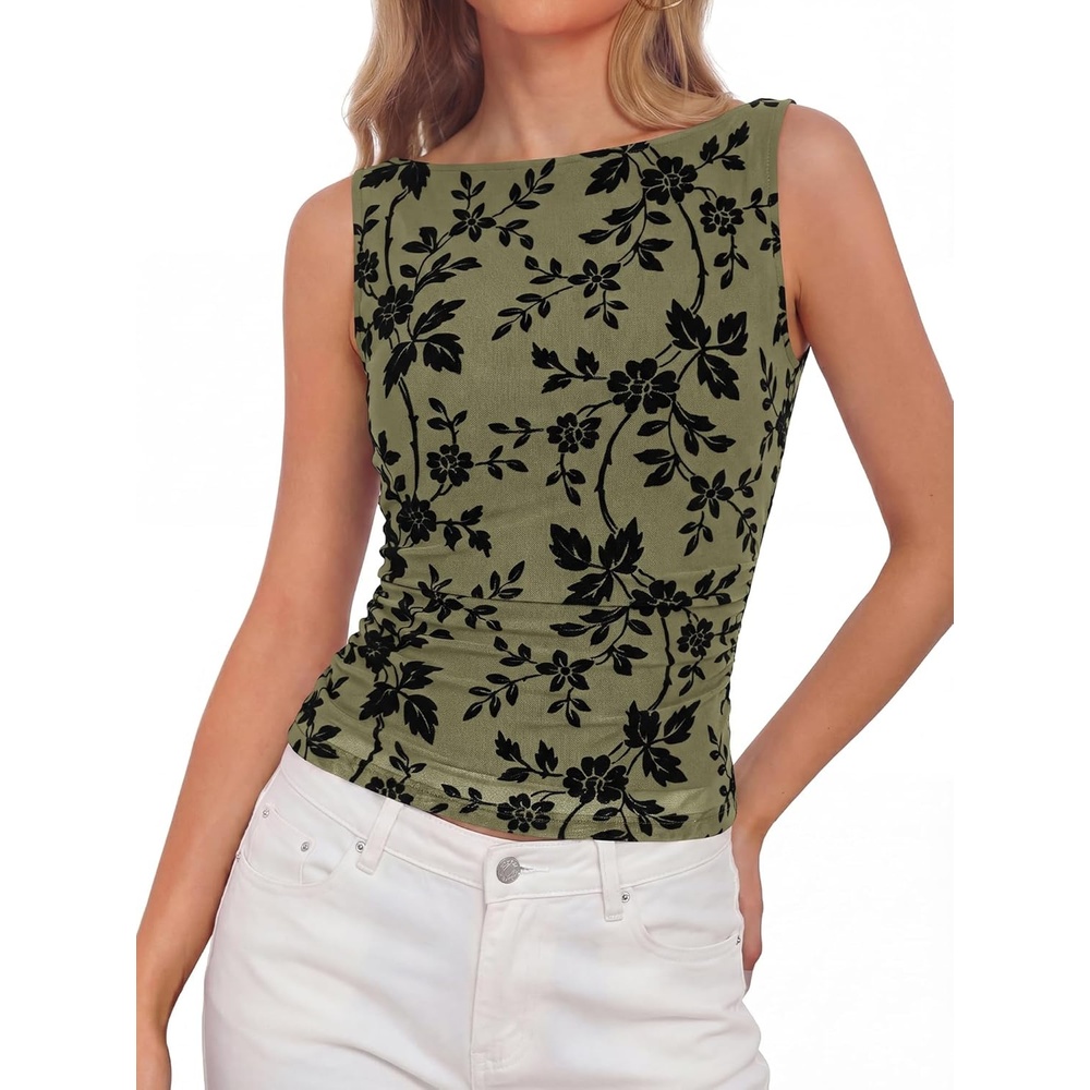 imageBTFBM Womens Tank Tops 2026 Summer Floral Mesh Sleeveless Boat Neck Slim Fit Shirts Casual Spring Ruched Going Out TopArmy Green