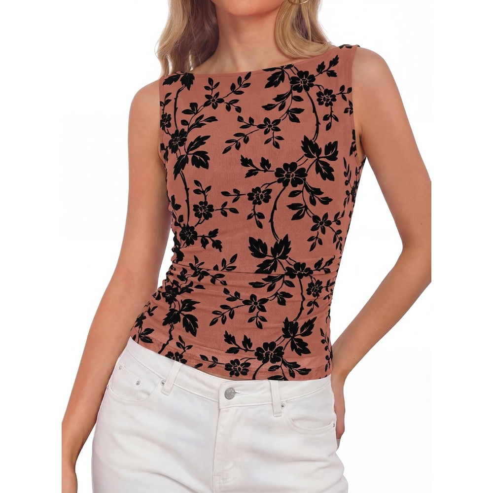 imageBTFBM Womens Tank Tops 2026 Summer Floral Mesh Sleeveless Boat Neck Slim Fit Shirts Casual Spring Ruched Going Out TopBrown