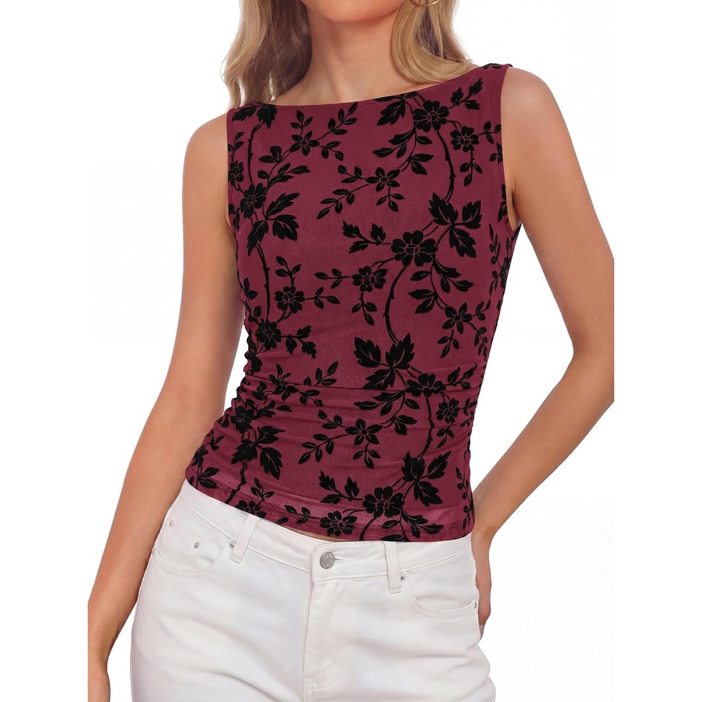imageBTFBM Womens Tank Tops 2026 Summer Floral Mesh Sleeveless Boat Neck Slim Fit Shirts Casual Spring Ruched Going Out TopBurgundy
