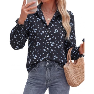 BTFBM Button Down Shirts for Women Floral Long Sleeve V Neck Lightweight Blouses Summer Business Casual Work Tops 2026(Floral Black Blue)