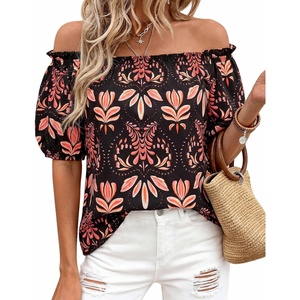BTFBM Off The Shoulder Boho Tops for Women 2026 Summer Spring Short Sleeve Floral Loose Resort Beach Vacation Clothes(Floral Black Orange)
