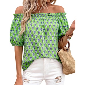 BTFBM Off The Shoulder Boho Tops for Women 2026 Summer Spring Short Sleeve Floral Loose Resort Beach Vacation Clothes(Floral Green Purple)