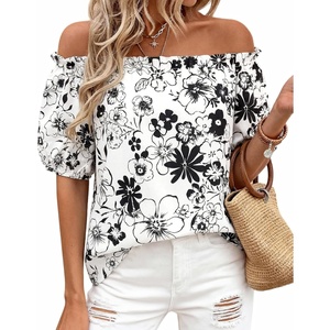 BTFBM Off The Shoulder Boho Tops for Women 2026 Summer Spring Short Sleeve Floral Loose Resort Beach Vacation Clothes(Floral White)