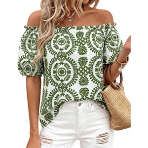 BTFBM Off The Shoulder Boho Tops for Women 2026 Summer Spring Short Sleeve Floral Loose Resort Beach Vacation Clothes(Floral White Army Green)