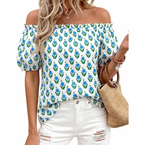 BTFBM Off The Shoulder Boho Tops for Women 2026 Summer Spring Short Sleeve Floral Loose Resort Beach Vacation Clothes(Floral White Blue Green)