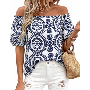 BTFBM Off The Shoulder Boho Tops for Women 2026 Summer Spring Short Sleeve Floral Loose Resort Beach Vacation Clothes(Floral White Navy)