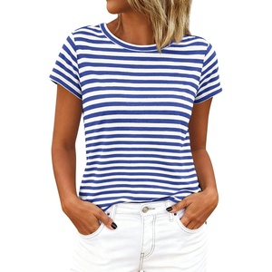 BTFBM Tops for Women Trendy Summer 2026 Crew Neck Short Sleeve T Shirts Striped Casual Vacation Blouse Basic Tee(Blue White)