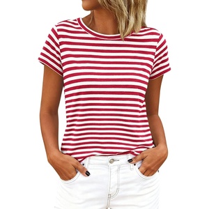 BTFBM Tops for Women Trendy Summer 2026 Crew Neck Short Sleeve T Shirts Striped Casual Vacation Blouse Basic Tee(Red White)