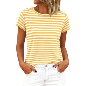 BTFBM Tops for Women Trendy Summer 2026 Crew Neck Short Sleeve T Shirts Striped Casual Vacation Blouse Basic Tee(Yellow White)